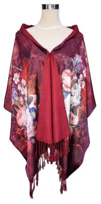 Damen Stola 100% Seide Satin Flanell 2-seitig Blumen Weinrot